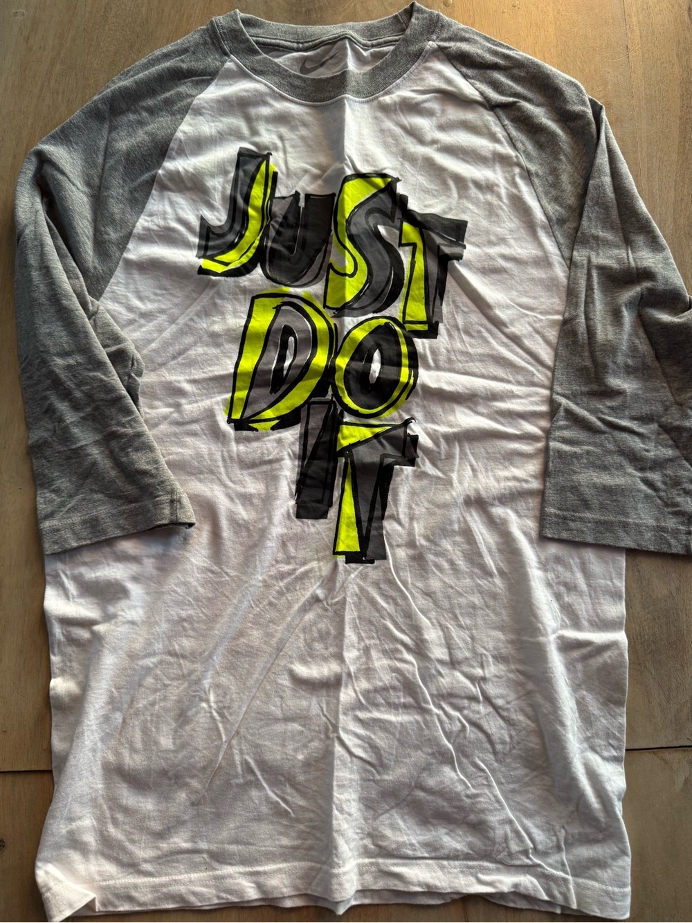 Men's Nike White & Gray Raglan Long Sleeve with Neon Yellow 'Just Do It' Graphic
